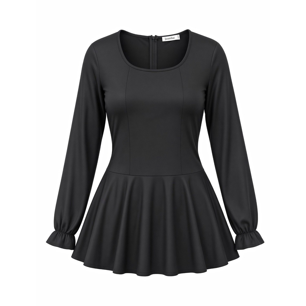 Jasambac Women's Plus 2XL Black Knit Scoop Neck Peplum Ruffle Zip Stretch Top